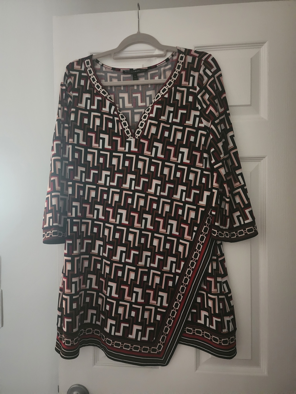 White House Black Market Geometric Blouse in Black, White & Burgundy